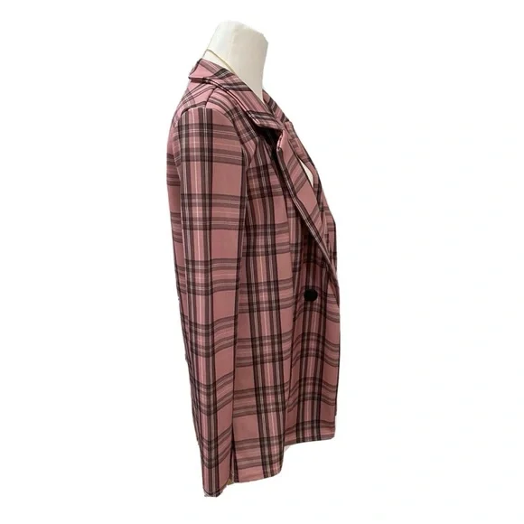 PRETTY LITTLE THING Open Front Blazer Sz 4 Small Pink Plaid Jacket Preppy Slim - Picture 6 of 8